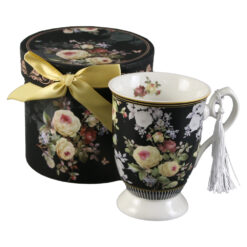 Cana ceramica 300 ml, cu franjuri, in cutie decorativa, Flori, negru