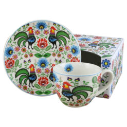 Cana portelan cu farfurie 250 ml, "Folk Roosters", in cutie decorativa