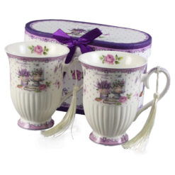 Set 2 cani din ceramica, "Lavender Tea", 300 ml, cu franjuri, in cutie cadou