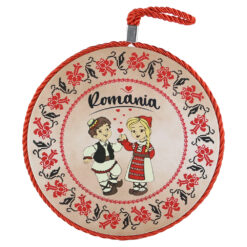 Suport oale decor din ceramica "Romania" , 17 CM, copii in port traditional