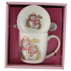 Cana de Craciun cu farfurie si lingurita, din ceramica, Om de zapada, roz