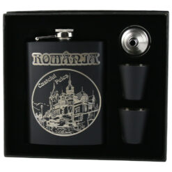 Set cadou "Romania"  Plosca gravata cu palnie si 2 pahare, Castelul Peles, gravata