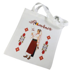 Sacosa textil "Romania", Femeie in costum popular 29x35 CM