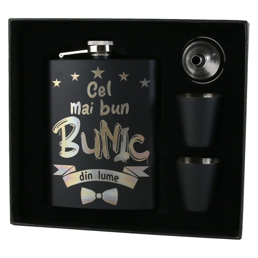 Set cadou "Cel mai bun Bunic din lume", Plosca cu palnie si 2 pahare