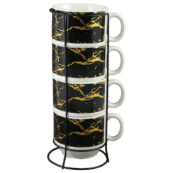 Set 4 cesti din ceramica cu suport metalic, 150 ml, Negru & auriu