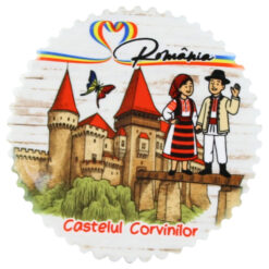 Magnet din ceramica "Romania, Castelul Corvinilor" 7 CM, tricolor cu fluturasi