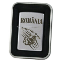 Bricheta metalica "Romania - Teritoriu pazit de ursi!", 3x5 CM, argintiu