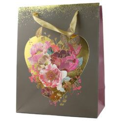 Punga cadou din hartie 18x23 CM, Inima aurie cu flori