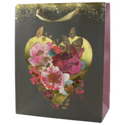 Punga cadou din hartie 26x32 CM, Inima aurie cu flori