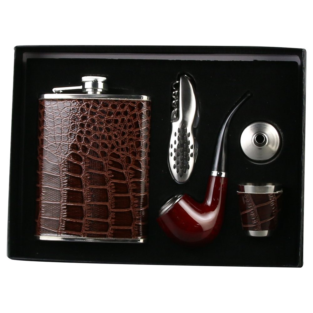 Set cadou pentru barbati, 5 piese, Plosca cu pahar & palnie, briceag si pipa
