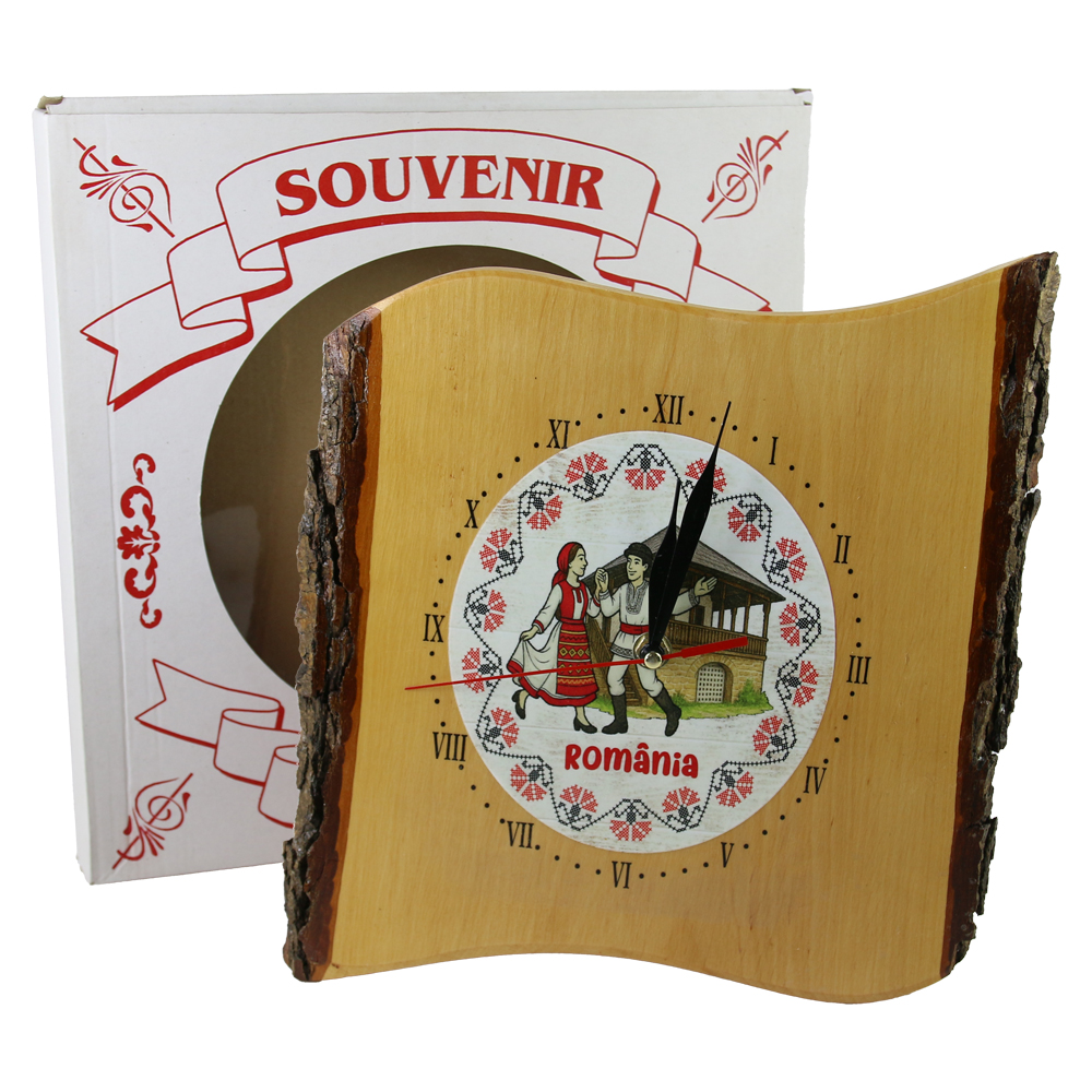 Ceas perete de lemn "Romania", 24x26 CM, Dansatori populari