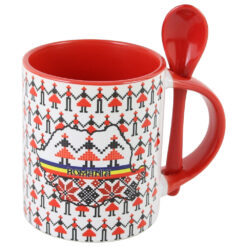 Cana ceramica cu lingurita, "Romania", 330 ml, motive traditionale, rosu