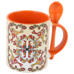 Cana ceramica cu lingurita, 330 ml, Portocaliu, motive traditionale Corund
