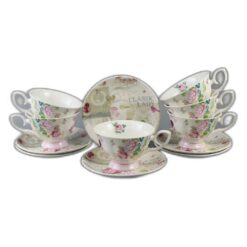 Set 6 cesti din ceramica cu farfurii, 220 ml, "Classic Lady", in cutie cadou