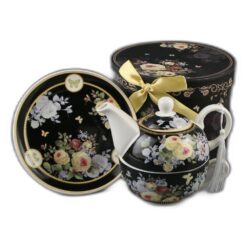 Set ceainic cu ceasca si farfurioara, 350 ml / 310 ml, in cutie decorativa, Flori, negru