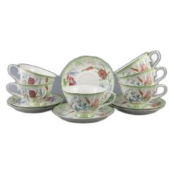 Set 6 cesti din ceramica cu farfurii, 150 ml, Flori de camp, in cutie cadou