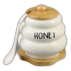 Recipient miere cu capac, lingurita si suport din bambus "Honey"