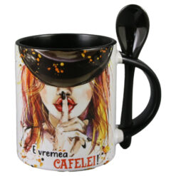 Cana ceramica cu lingurita "E vremea Cafelei!", 330 ml