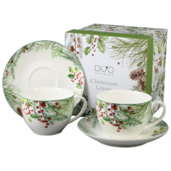 Set 2 cesti cu farfurii, din portelan, Christmas Leaves, 270 ml, in cutie decorativa, Frunze de Craciun