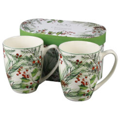 Set 2 cani din portelan, Christmas Leaves, 360 ml, in cutie decorativa, Frunze de Craciun