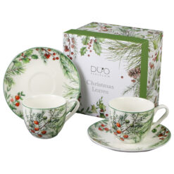 Set 2 cesti espresso cu farfurii, din portelan, Christmas Leaves, 90 ml, in cutie decorativa, Frunze de Craciun