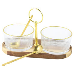 Set 2 boluri din sticla, cu lingurite metalice si suport din bambus 20x9.5 CM, Serving Set