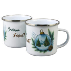 Cana metalica emailata "Craciun Fericit!" 300 ml, glob de zapada