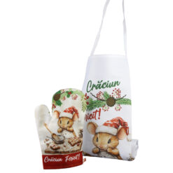 Set cadou "Craciun Fericit!", Manusa cu sort de bucatarie, Soricel + punga cadou