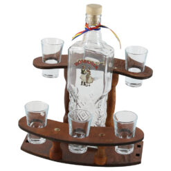 Suport lemn cu o sticla si 6 pahare de tuica, Romania cu fundita tricolor