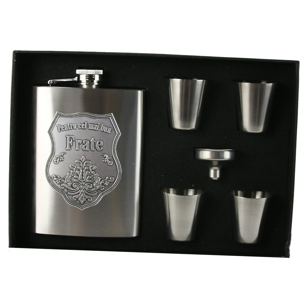 Set plosca cu palnie si 4 pahare din inox, "Pentru cel mai bun Frate", in cutie eleganta