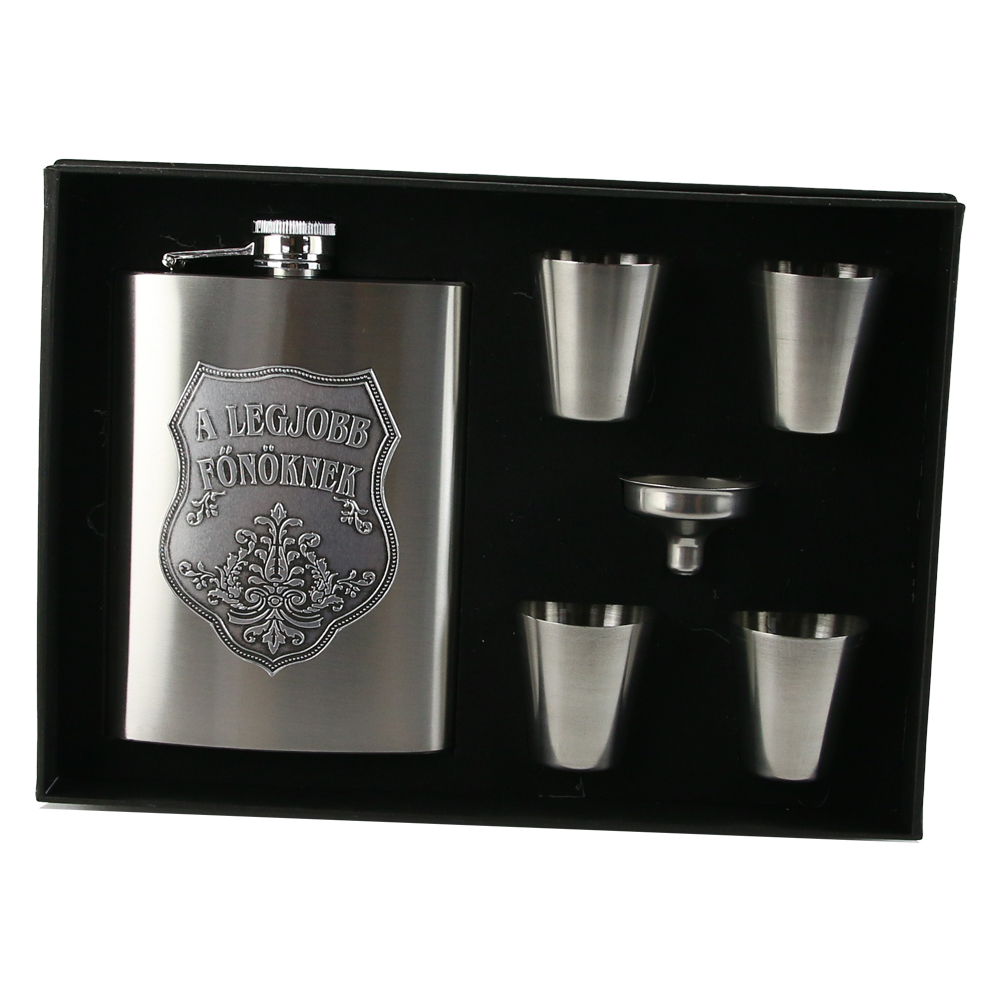 Set plosca cu palnie si 4 pahare din inox, "A legjobb Fonoknek", in cutie eleganta