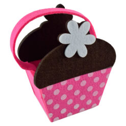 Cosulet decorativ realizat din pasla - Roz cu buline si flori albe