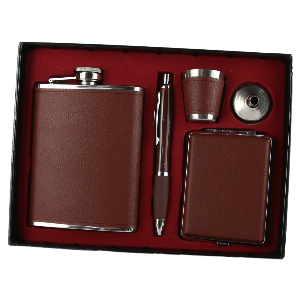 Set cadou pentru barbati, 5 piese - Plosca, tabachiera, pix, pahar, palnie