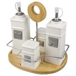 Oliviera din ceramica cu suport bambus, 5 piese, White