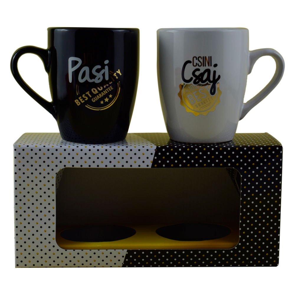 Set 2 cani Barrel din ceramica 300 ml, in cutie decorativa - Design "Pasi"/"Csaj"