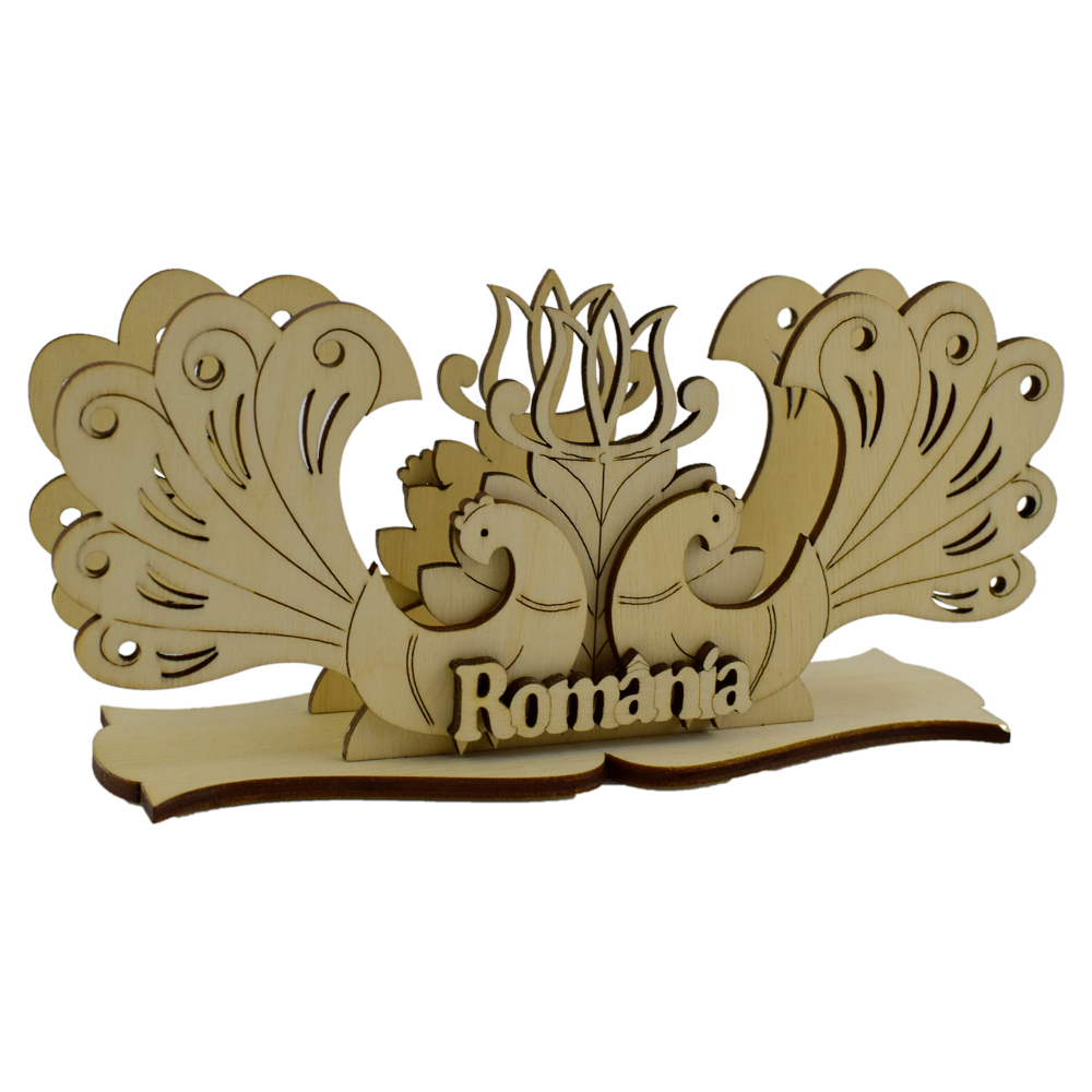 Suport servetele traforaj - Design cu pauni si "Romania" 15x8 CM