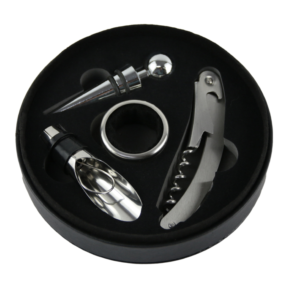 Set 4 accesorii vin in cutie, tirbuson, dop, antipicurator, inel din metal