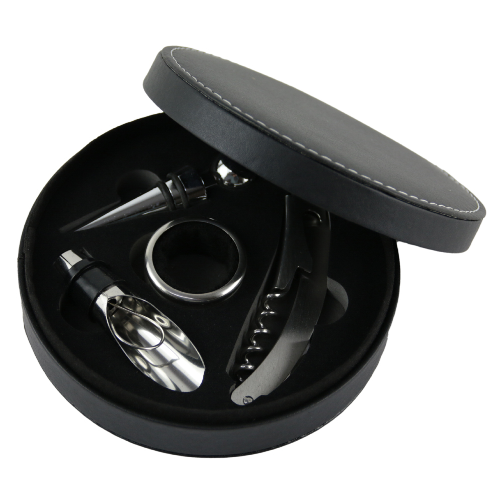 Set 4 accesorii vin in cutie, tirbuson, dop, antipicurator, inel din metal - imagine 2