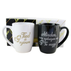 Set 2 cani din ceramica "Tied a szivem...", 300 ml Black&White, in cutie cadou