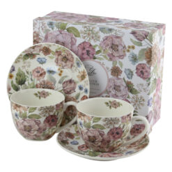 Set 2 cani cu farfurii din portelan 280 ml, "Pastel Flowers", in cutie decorativa