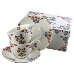 Set 2 cani cu farfurie din portelan 280 ml "Retro Etno Cats", in cutie decorativa