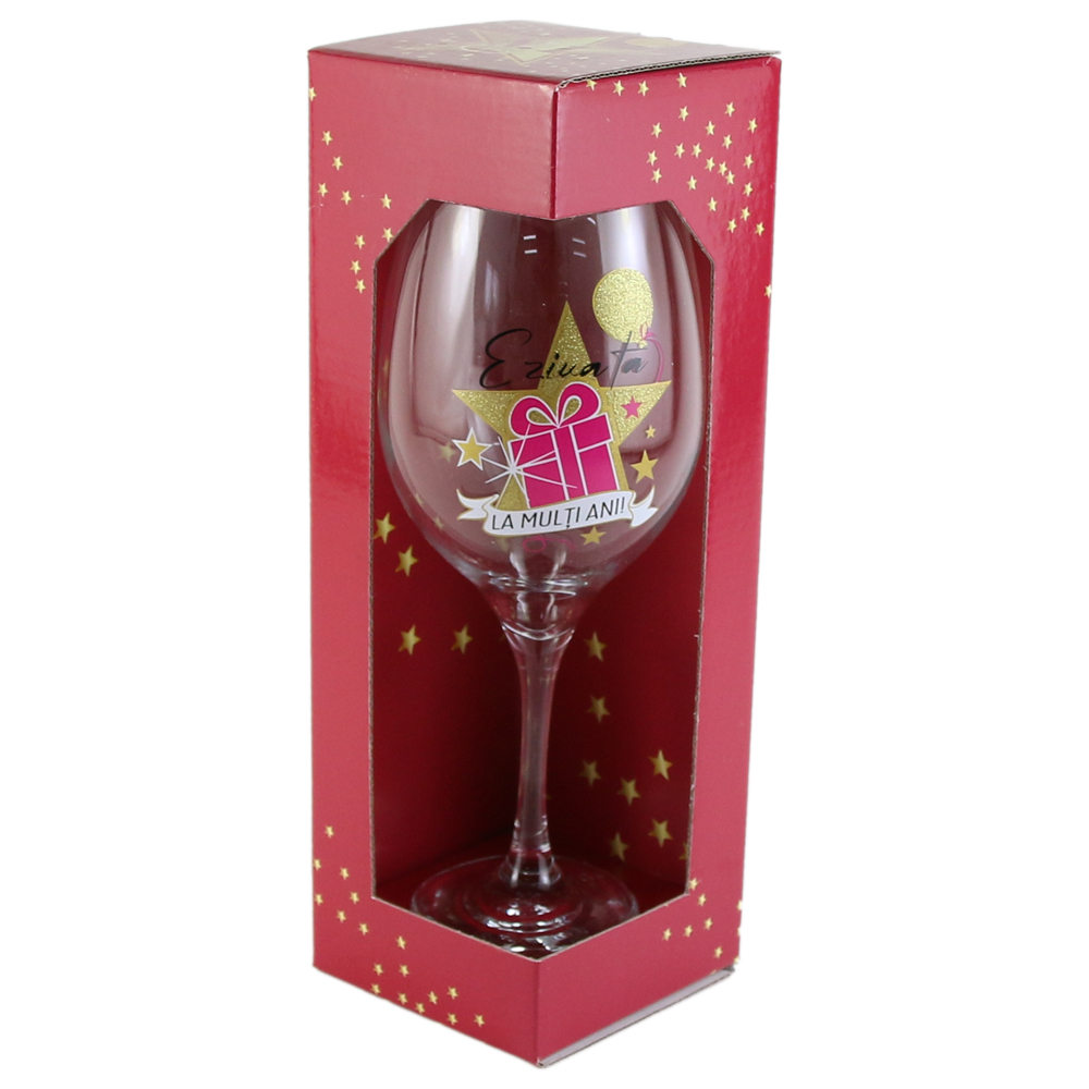 Pahar de vin "E ziua ta. La multi ani!", in cutie decorativa