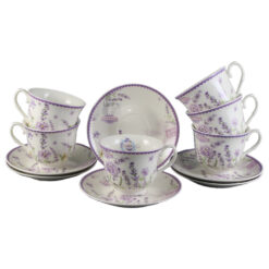 Set 6 cesti din ceramica cu farfurii, "Lavender", 200 ml, in cutie cadou,  Lavanda Flow