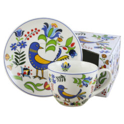 Cana portelan cu farfurie 250 ml, "Kashubian Bird", in cutie decorativa
