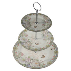 Platou din ceramica cu 3 nivele, cu trandafiri si fluture
