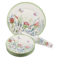Set de tort 8 piese, Platou cu 6 farfurii si o spatula, cu flori si fluturi