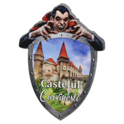 Magnet frigider din lemn, 7x9 CM, Castelul Corvinesti, Dracula, scut