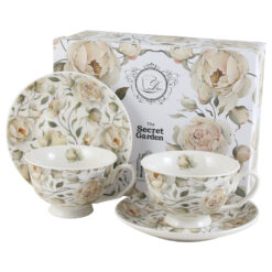 Set 2 cesti cu farfurii, din portelan "English Roses White", 250 ml, in cutie decorativa