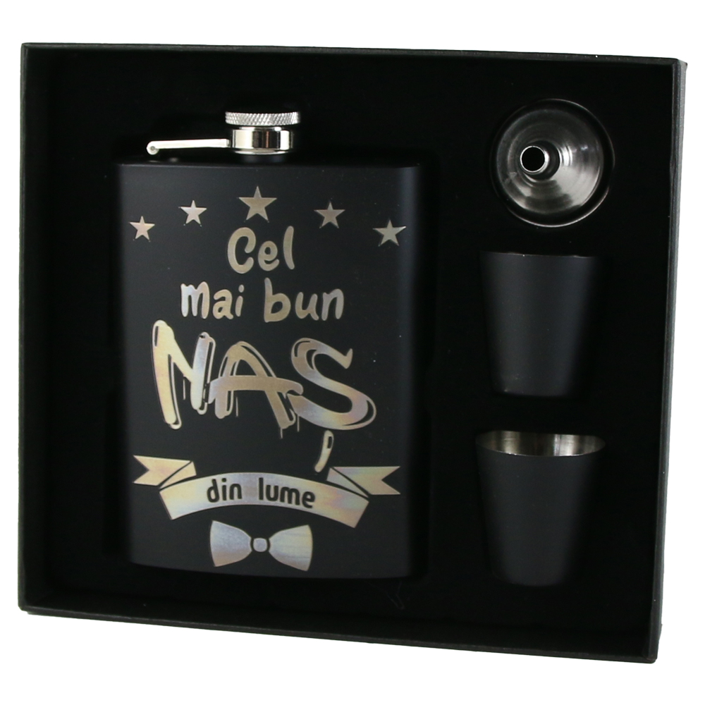 Set cadou "Cel mai bun Nas din lume", Plosca cu palnie si 2 pahare