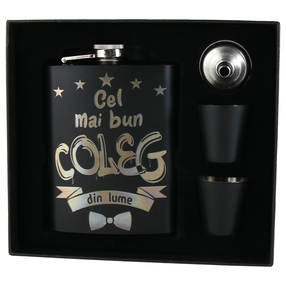 Set cadou "Cel mai bun Coleg din lume", Plosca cu palnie si 2 pahare